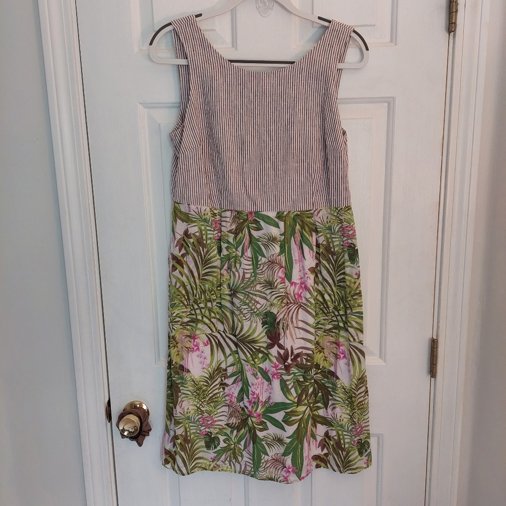 JJill tropical floral light brown striped linen cotton sleeveless dress